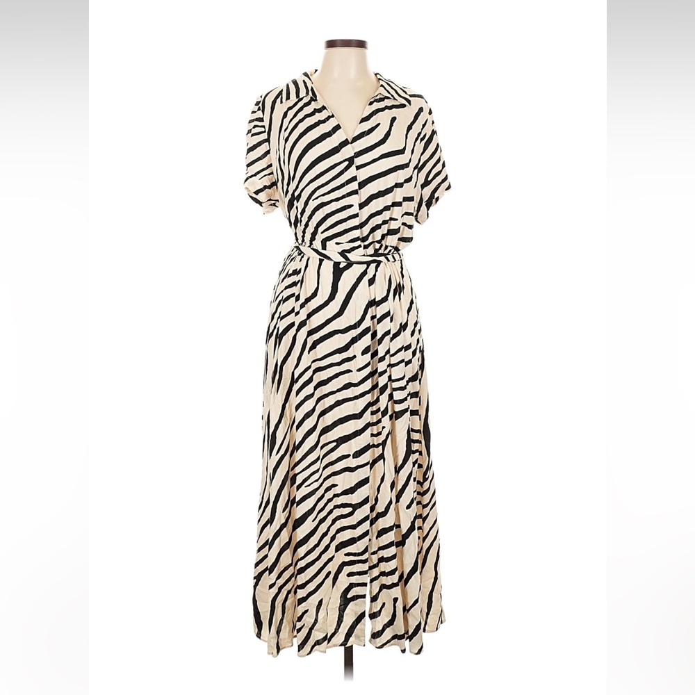 H&M TIE-BELT SHIRT DRESS Cream & Zebra L - Picture 2 of 6